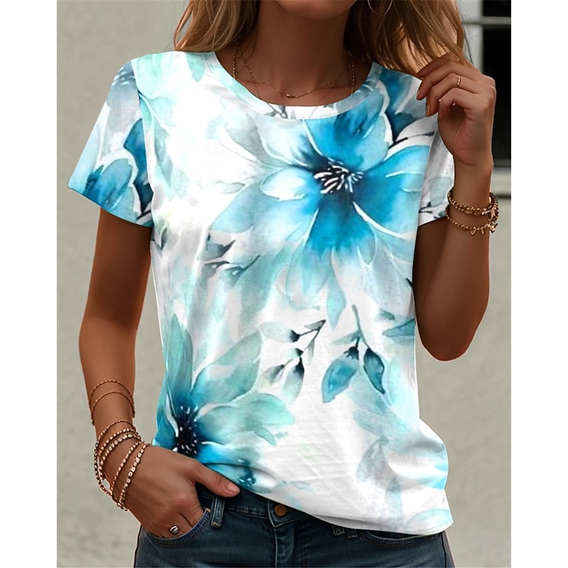 Women's T Shirt Casual Print Short Sleeve Regular Tops Daily Blue Summer