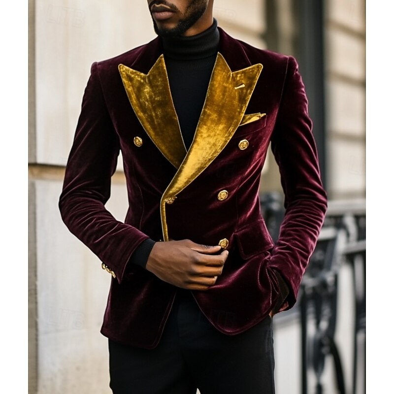 Men's Blazer Jacket Tuxedo Closure collar Vintage Party Velvet Patchwork Solid Colored Blazer Black Burgundy Standard Fit