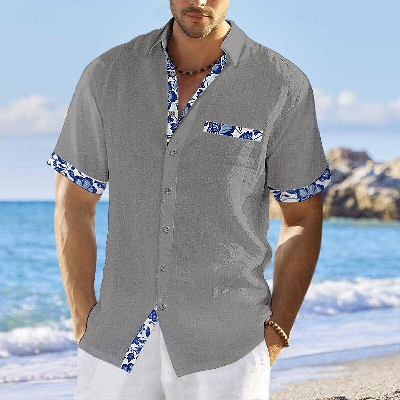 Men's Shirt Linen Shirt Summer Shirt Beach Wear Button Up Shirt Floral Vacation Curise White Pink Navy Blue Blue Short Sleeve Lapel Summer Clothing Apparel3