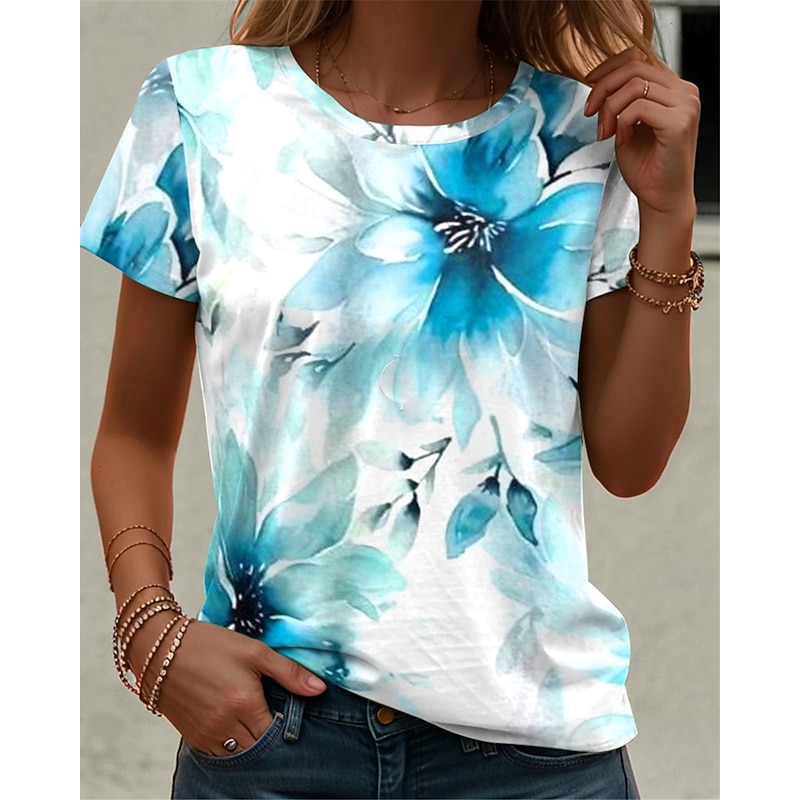 Women's T Shirt Casual Print Short Sleeve Regular Tops Daily Blue Summer3