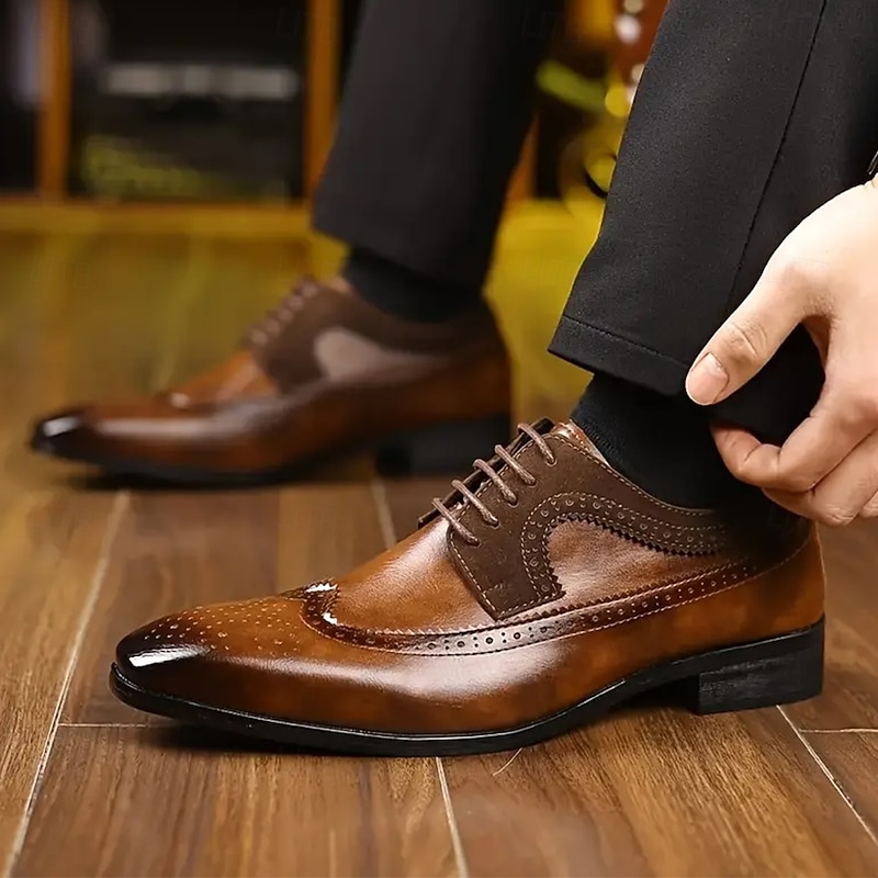 Men's Brown Faux Leather Brogue Oxford Shoes with Wingtip Design - Classic Lace-Up Dress Shoes for Formal and Business Wear3