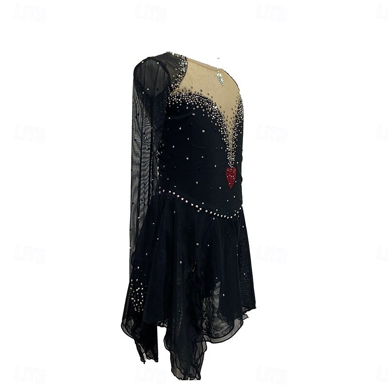 Figure Skating Dress Women's Girls' Ice Skating Dress Black Patchwork Thumbhole Stretchy Training Practice Professional Skating Wear Crystal / Rhinestone Long Sleeve Ice Skating Figure Skating3