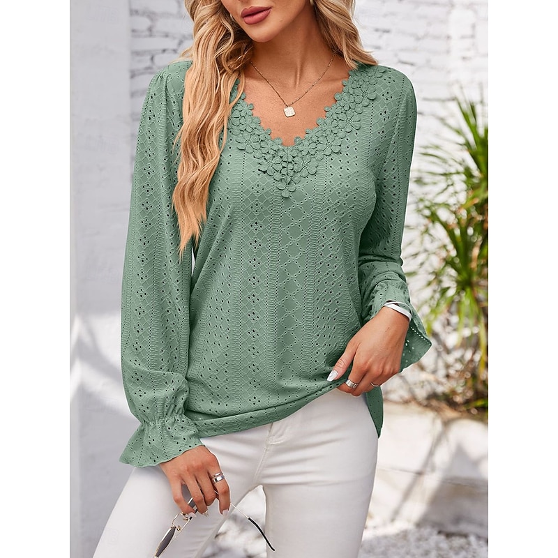 Women's Elegant Lace Tops Eyelet Blouse Solid Color Lace Eyelet Flutter Sleeve Long Sleeve Regular Tops V Neck Daily Romantic Petite Tops Summer Holiday Wear Pink Blue Purple Green Spring Fall4