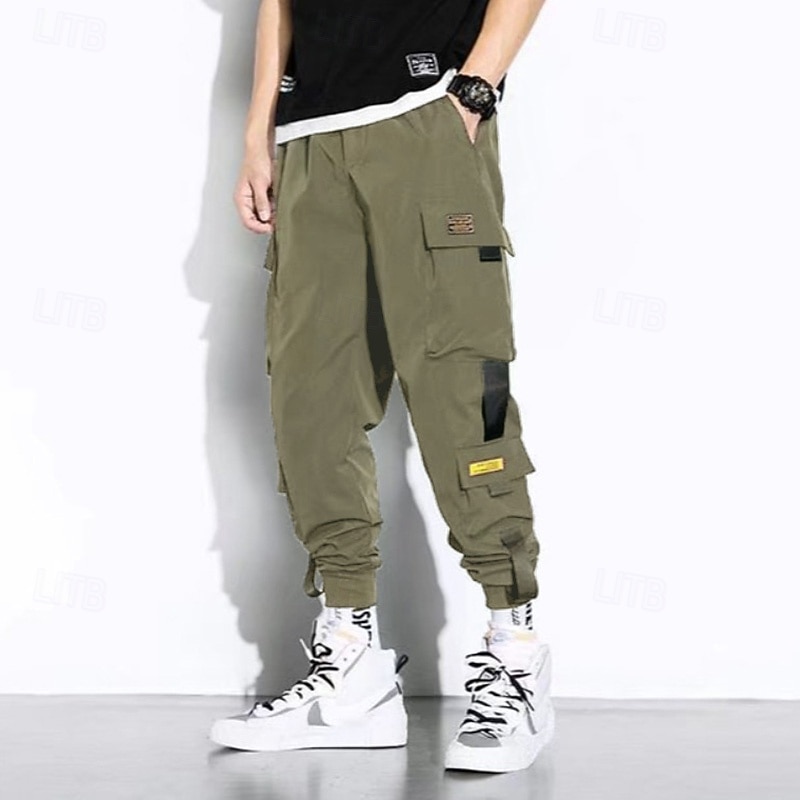 Men's Cargo Pants Cargo Trousers Joggers Trousers Cropped Pants Drawstring Elastic Waist Multi Pocket Letter Comfort Wearable Casual Daily Holiday Sports Fashion Black Green3