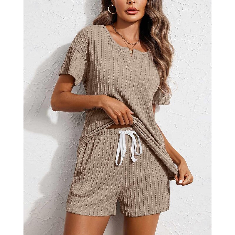 Women's Pajama Set Pure Color Casual Comfort Home Daily Spandex Comfort V Wire Short Sleeve Pant Elastic Waist Summer Home Outfits3
