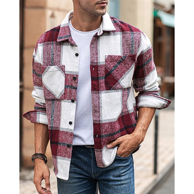 Men's Shirt Jacket Overshirts Transition Jacket Daily Lightweight Pocket Spring Plaid Classic Lapel Regular Red Green Khaki Gray Jacket