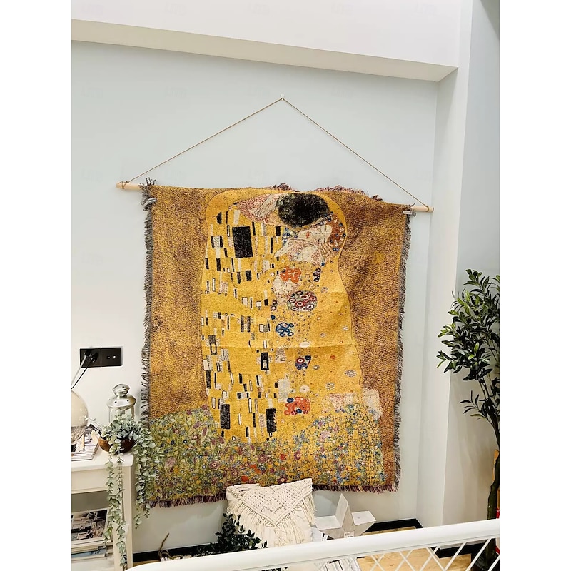 Jacquard Woven with Tassel Hanging Tapestry Wall Art Large Tapestry Mural Decor Photograph Backdrop Blanket Curtain Home Bedroom Living Room Decoration Klimt The Lover3
