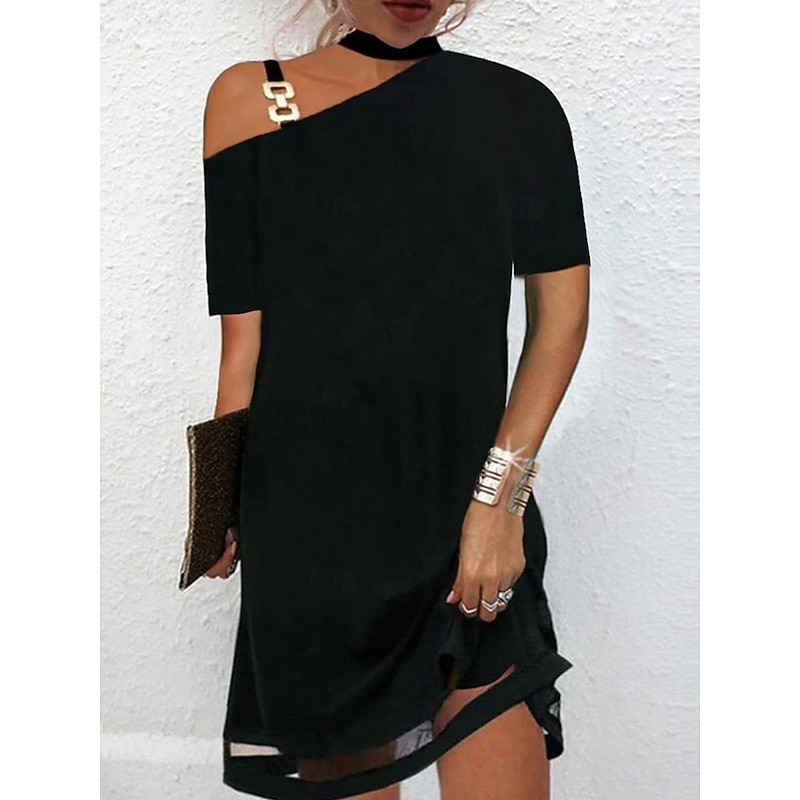 Women's Midi Dress Black Dress Cocktail Dress Formal Dress Plain Dress Vintage Casual Street Date Loose Fit Plain Short Sleeve One Shoulder Black Summer Spring