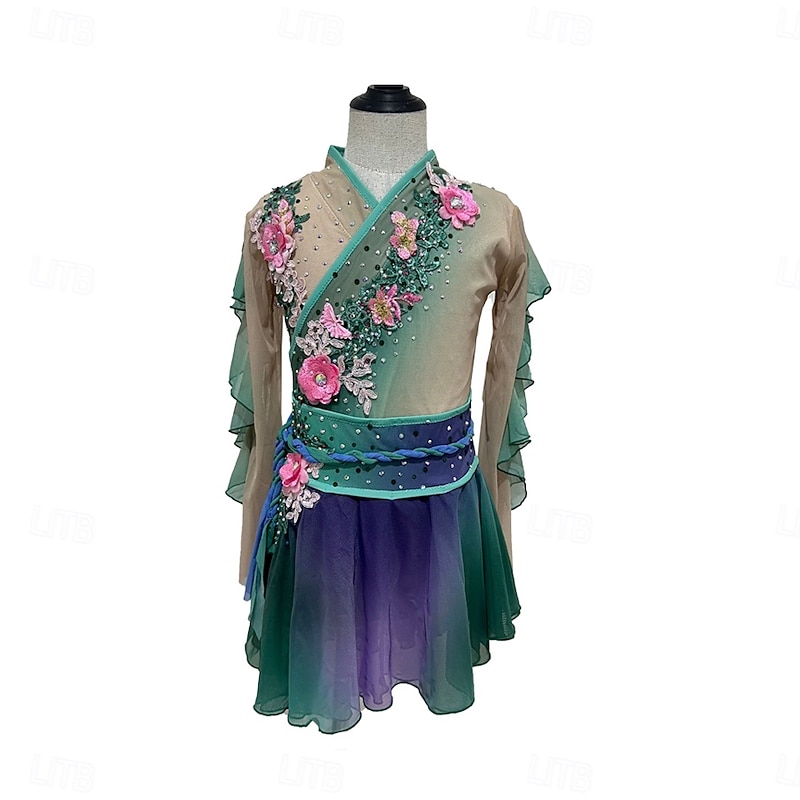 Figure Skating Dress Women's Girls' Ice Skating Dress Blue+Green Patchwork Thumbhole Mesh Spandex Stretchy Training Practice Professional Skating Wear Thermal Warm Crystal / Rhinestone Long Sleeve