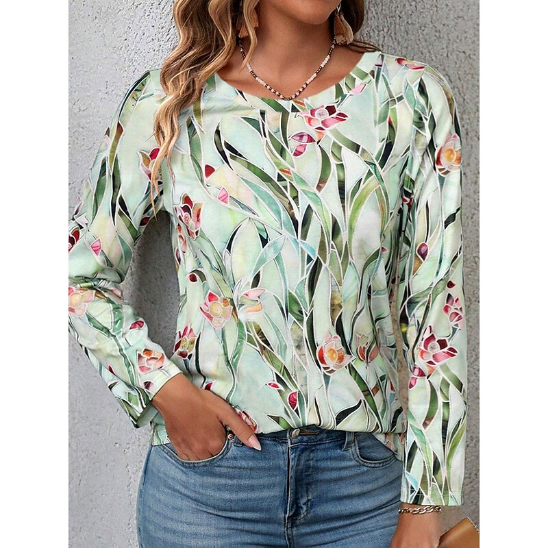 Women's T shirt Crew Neck Long Sleeve Tunic Casual Print Regular Tops Daily Light Green Spring Fall - Main Image