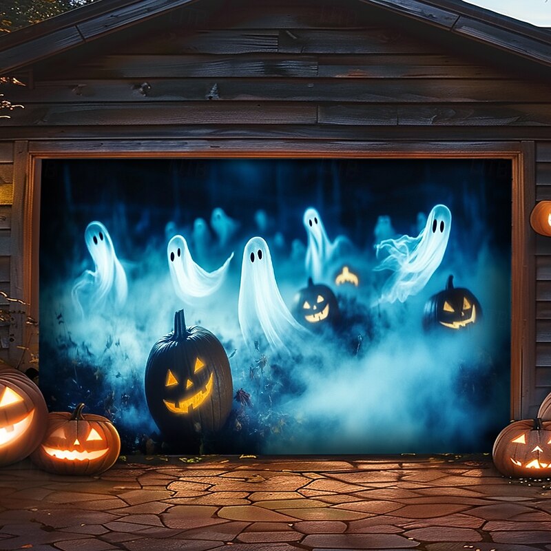 Halloween Door Decorations Outdoor Halloween Garage Door Cover Ghosts Banner Pumpkin Skeleton Outside Large Backdrop Decoration for Holiday Outdoor Garage Door Home Wall Decorations 6