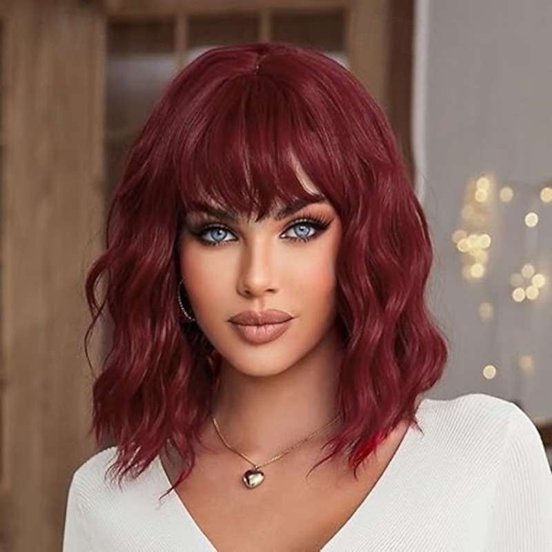 Wig with Bangs Short Wavy Wigs for Women Curly Shoulder Length Bob Wig Synthetic fiber Wigs for Daily Party Use