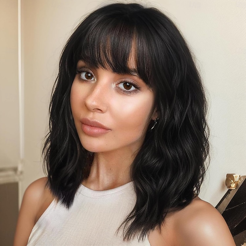 Wigs with Bangs for Women Synthetic Curly Bob Wig for Girl Natural Looking Wavy Wigs4
