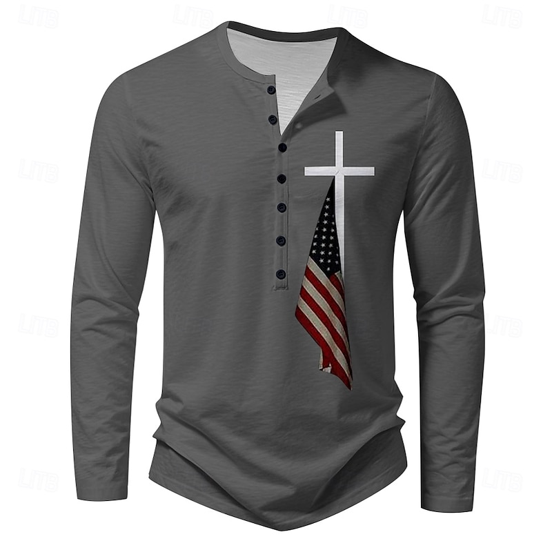 Men's New Year Flag Long Sleeve Shirt Long Sleeve Print Daily Casual Daily Festival Spring &  Fall Black Blue Green Light Grey Henley Henley T-Shirt4
