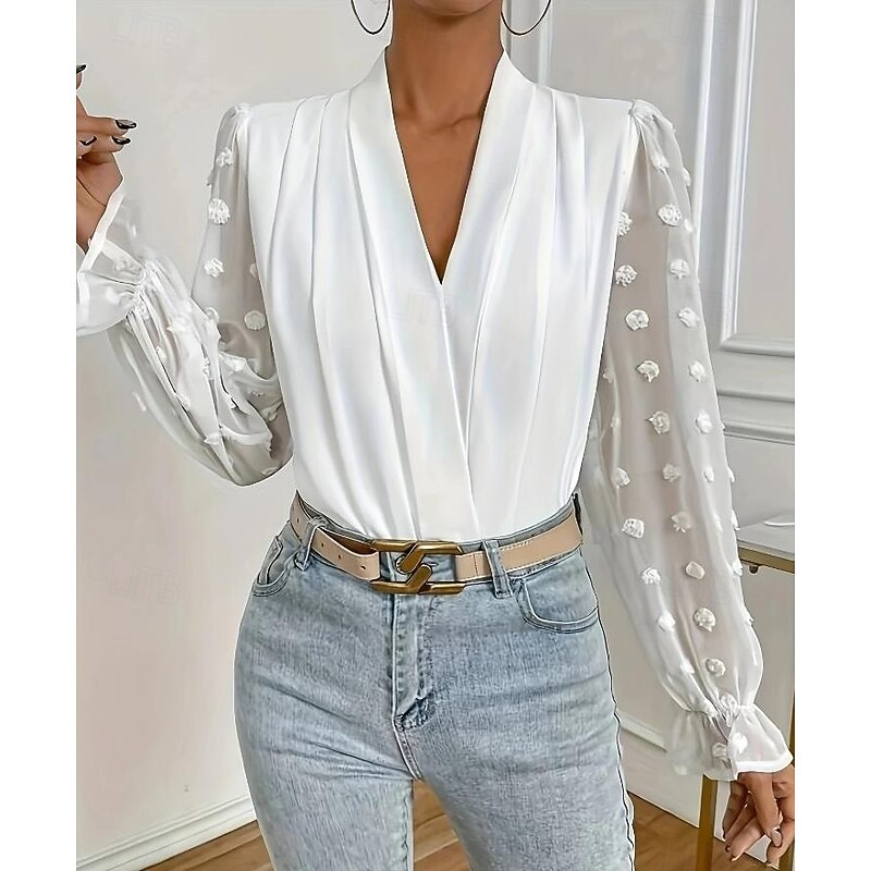 Women's Blouse Stylish Modern Mesh Long Sleeve Regular Tops V Neck Work Daily White Spring Fall3