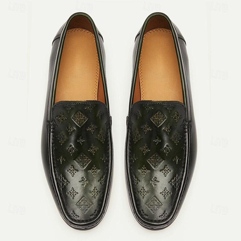 Men's Green Embossed Leather Loafers with Patterned Design for Business and Casual Wear in Classic Style4
