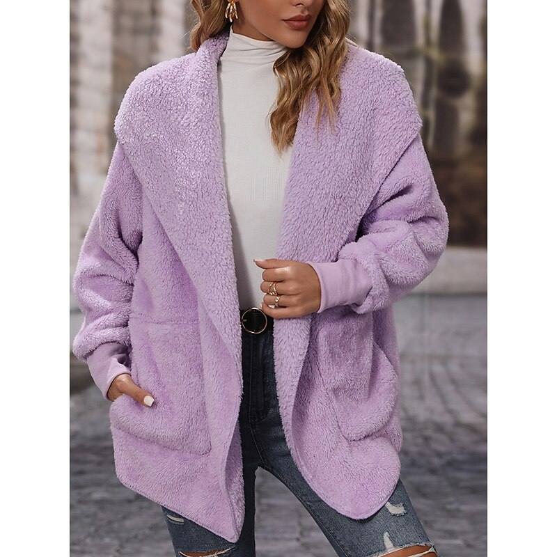 Women's Fleece Jacket Teddy Coat Hoodie Jacket Warm Breathable Pocket Fleece Lined Casual Plain Vacation Street Daily Wear Going out Open Front Hoodie Regular Fit Long Sleeve Outerwear Black Purple