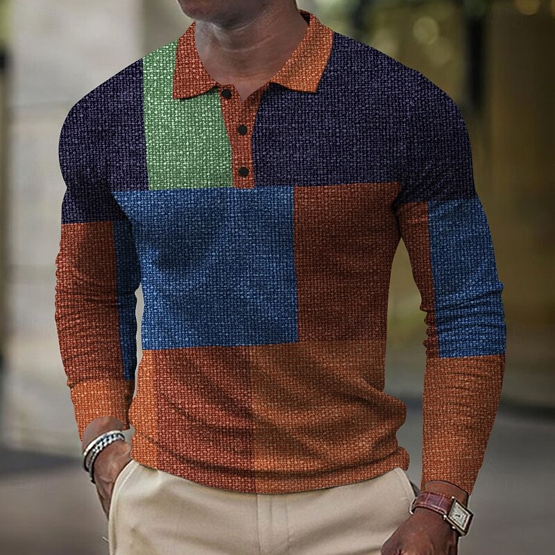 Men's Plaid Golf Shirt Long Sleeve Polo Shirts Collared Shirts Vintage Vacation Wear Formal Wear Festival Wear Buttons 3D Print Spring Fall Winter Brown3