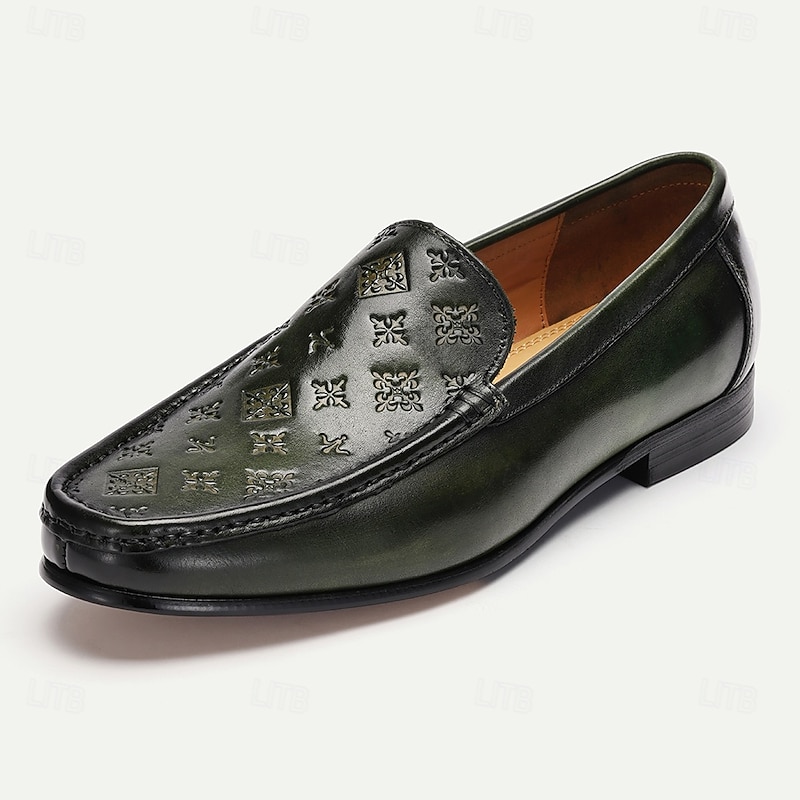 Men's Green Embossed Leather Loafers with Patterned Design for Business and Casual Wear in Classic Style2