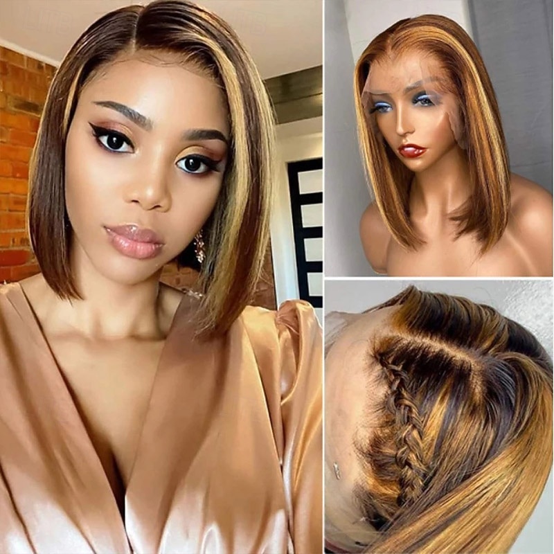 Highlight 13*4*1 P4/27 Remy Hair Short Bob Ombre Human Hair Wigs Blond Wig Straight Bob Wig3
