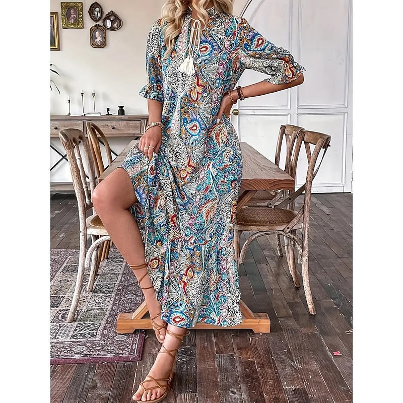 Women's Maxi Dress Casual Dress Boho Dress Stylish Casual Daily Loose Fit Graphic Long Sleeve V Neck Blue Spring Fall4