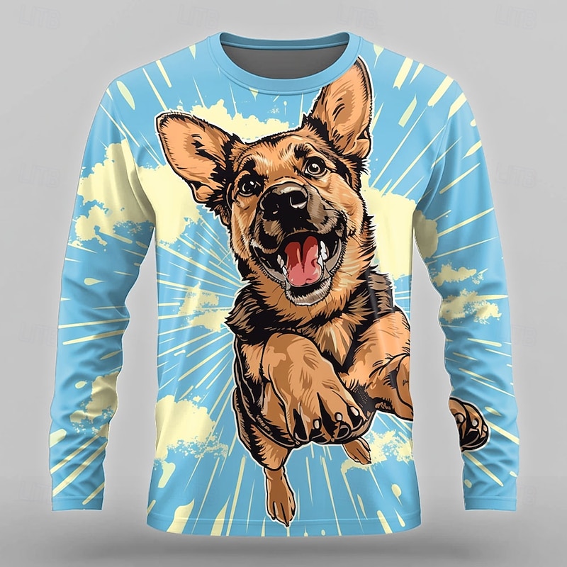Men's Dog Funny T Shirt Long Sleeve T shirt 3D Print Crew Neck Shirt Designer Retro Vintage Street Casual Daily Lake Blue Blue Summer Spring Fall Clothing Apparel S M L XL XXL XXXL4