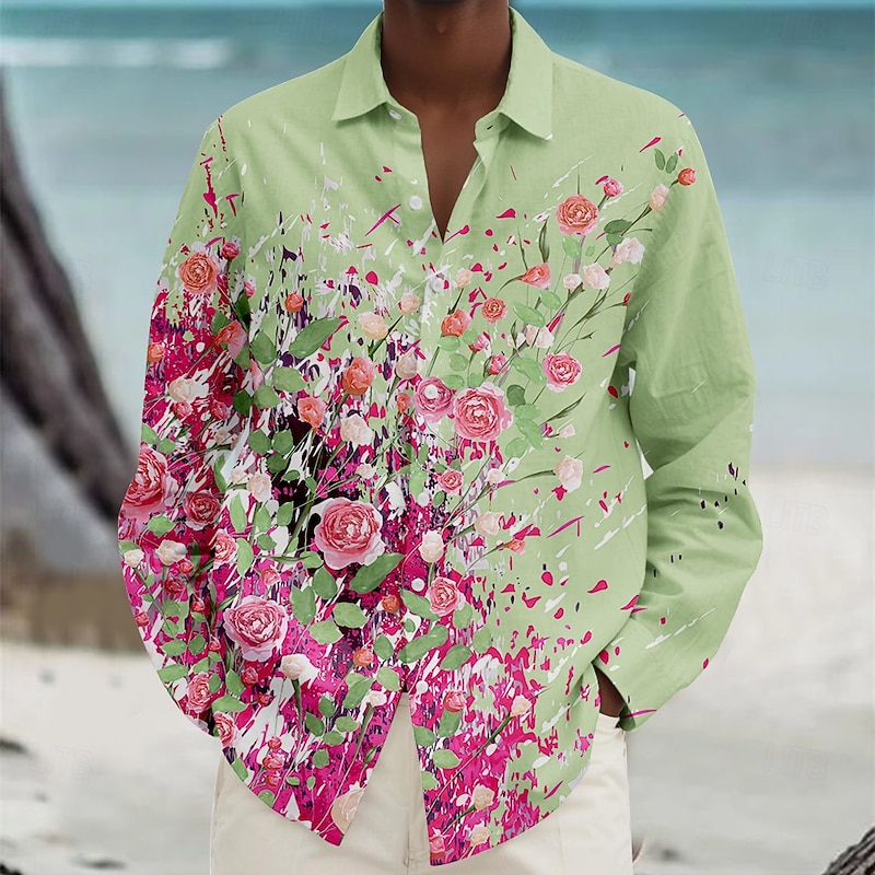 Men's Floral Beach Shirt Button Up Shirt Long Sleeve Hawaiian Casual Vacation Daily Fall Spring & Summer Collared Shirts 3D Print White Pink Blue Purple Green4
