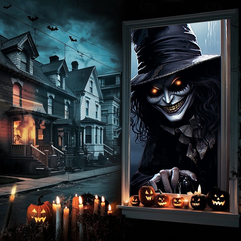 Halloween Window Cover Decorations, Fabric Creepy Halloween Curtain Horror Movie Poster Window Door Covering Decor for Haunted House, Scary Halloween Window Clings Decals Indoor Outdoor