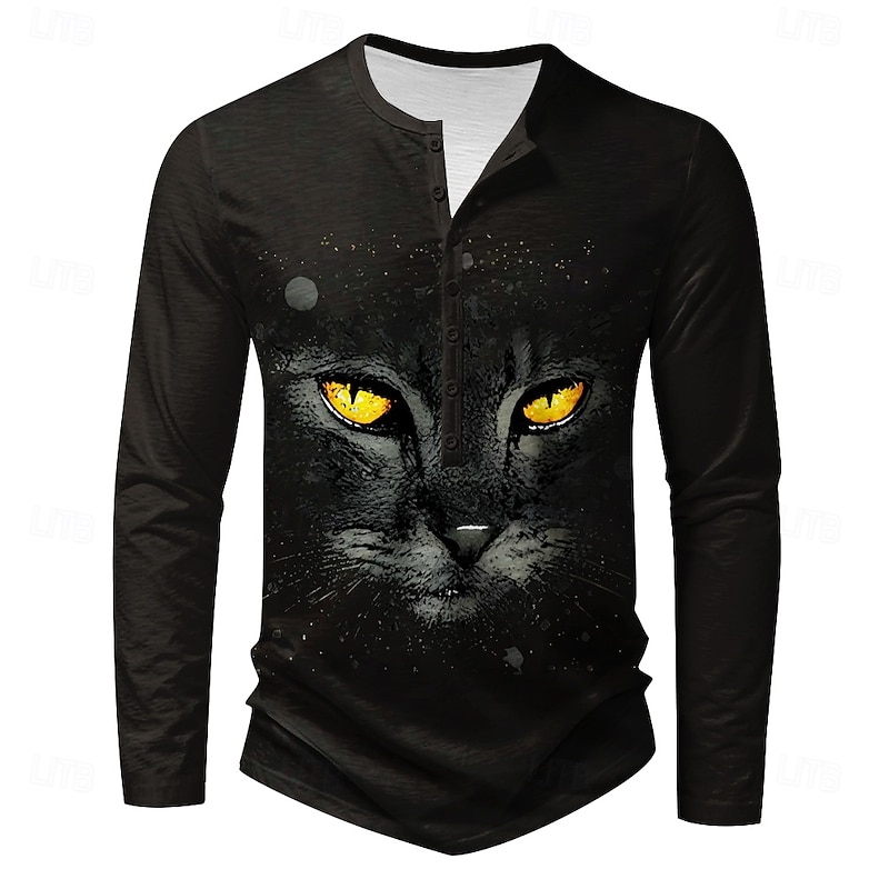 Halloween Men's Cat Long Sleeve Shirt Long Sleeve T shirt Print Henley Shirt Hawaiian Party Festival Black Spring &  Fall Clothing Apparel Normal S M L XL XXL XXXL - Main Image
