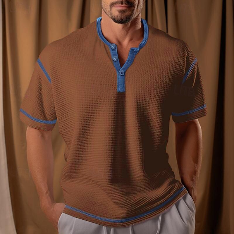 Men's Waffle Henley Shirt Henley Shirt Tee Top Color Block Henley Street Vacation Short Sleeves Patchwork Knitted Clothing Apparel Polyester Fashion Designer Basic4