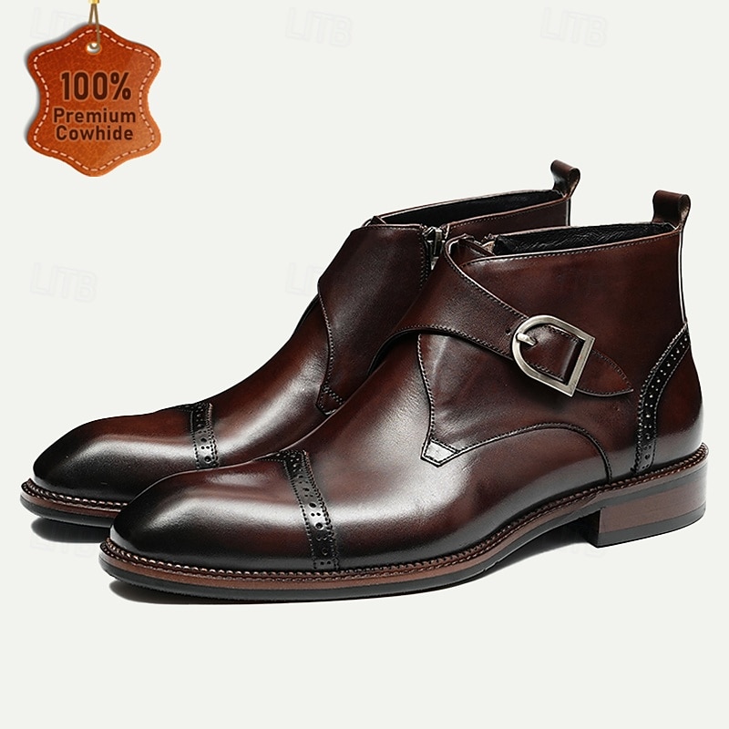 Men's Premium Leather Buckle Ankle Boots - 100% Cowhide Zipper and Brogue Detailing for Formal and Casual Wear