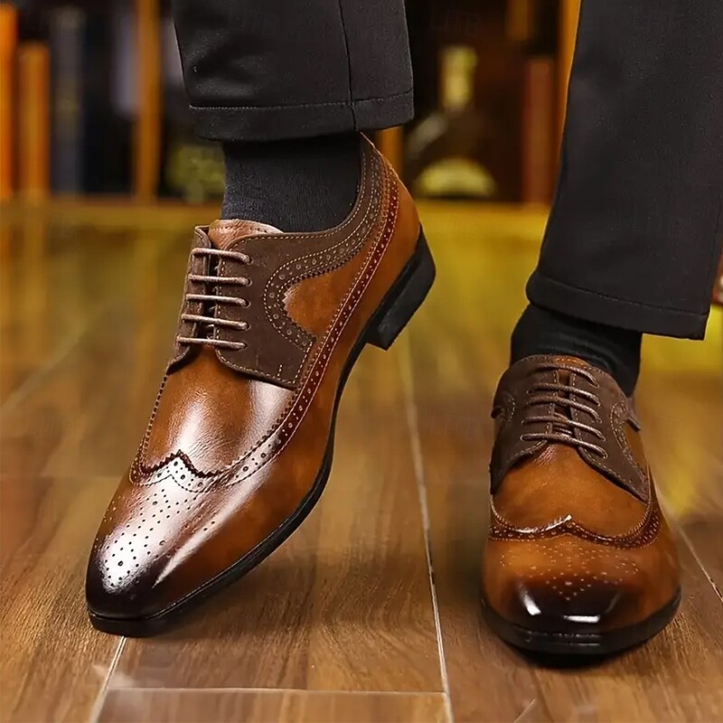 Men's Brown Faux Leather Brogue Oxford Shoes with Wingtip Design - Classic Lace-Up Dress Shoes for Formal and Business Wear4