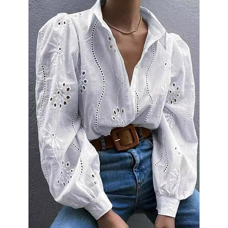 Women's White Elegant Lace Tops Eyelet Blouse Casual Solid Color Lace Lantern Sleeve Long Sleeve Regular Tops Shirt Collar Daily Romantic Petite Tops Summer Holiday Wear White Pink Green Spring Fall2