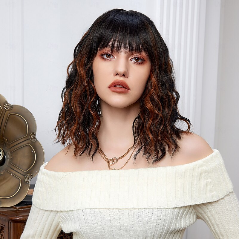 Cosplay Costume Wig Curly Bouncy Curl Bob Neat Bang With Bangs Wig 14 inch Black / Brown Synthetic Hair Women's Elastic Adorable Comfortable Dark Brown3