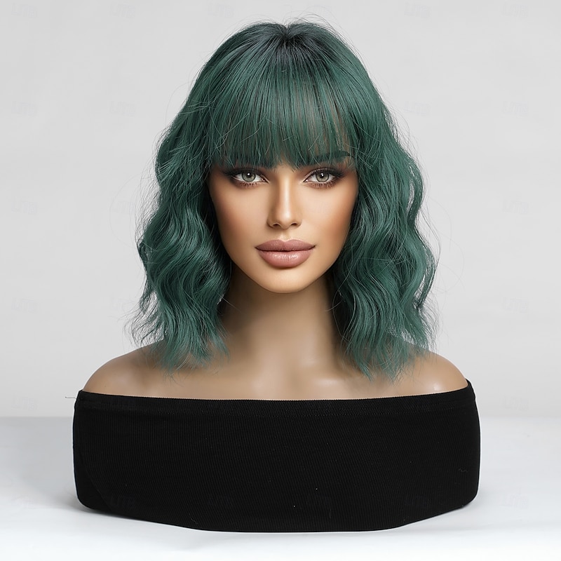 Cosplay Costume Wig Bouncy Curl Bob Neat Bang With Bangs Wig 14 inch Black / Dark Green Synthetic Hair Women's Elastic Adorable Comfortable Green2
