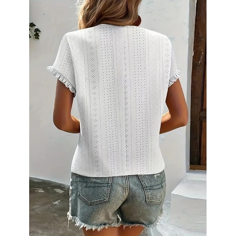 Women's T Shirt Casual Solid Color Ruffle Eyelet Short Sleeve Regular Tops Crew Neck Daily White Summer3