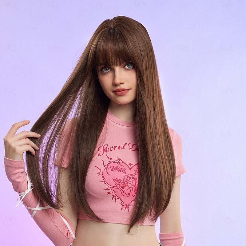 Synthetic Wig Uniforms Career Costumes Princess Straight kinky Straight Middle Part Layered Haircut Machine Made Wig 24 inch Dark Brown Synthetic Hair Women's Cosplay Party Fashion Brown3