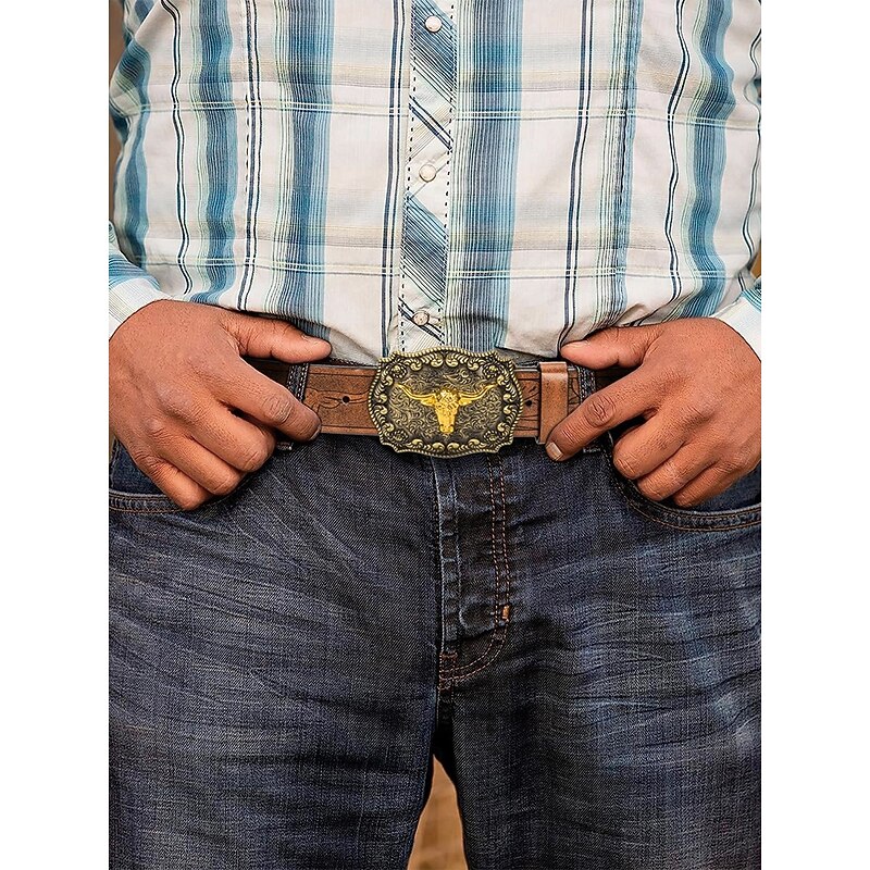 Men's Western Leather Belt with Gold Longhorn Buckle - Vintage Engraved Cowboy Belt for Casual and Rodeo Style2