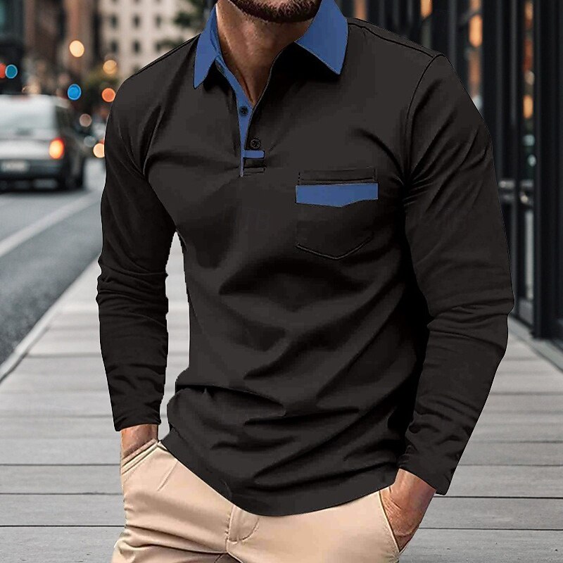 Men's Golf Shirt Golf Polo Work Casual Lapel Long Sleeve Basic Modern Color Block Patchwork Button Spring &  Fall Regular Fit Black White Navy Blue Sky Blue Beige Gray Golf Shirt3