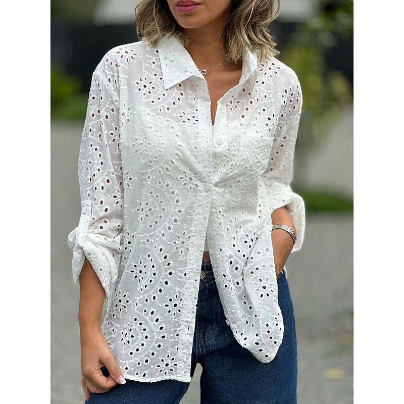 Women's Blouse Stylish Solid Color Hollow Out Long Sleeve Regular Tops Shirt Collar Daily White Red Purple Green Spring Fall3