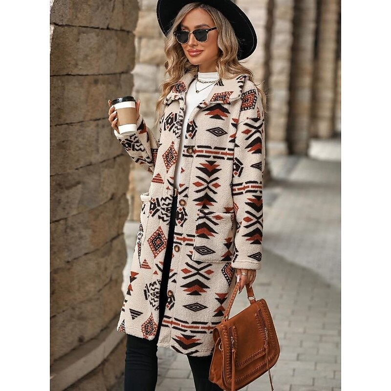 Women's Sherpa Jacket Street Daily Wear Fall Winter Regular Coat Regular Fit Warm Breathable Comtemporary Stylish Plush Jacket Long Sleeve Geometric with Pockets Apricot
