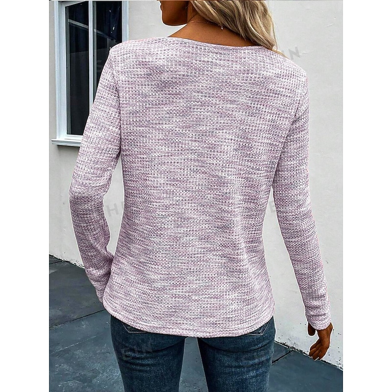 Women's T Shirt Plain Elegant Casual Long Sleeve V Neck Regular Tops Daily Buttons Pink Spring Fall2