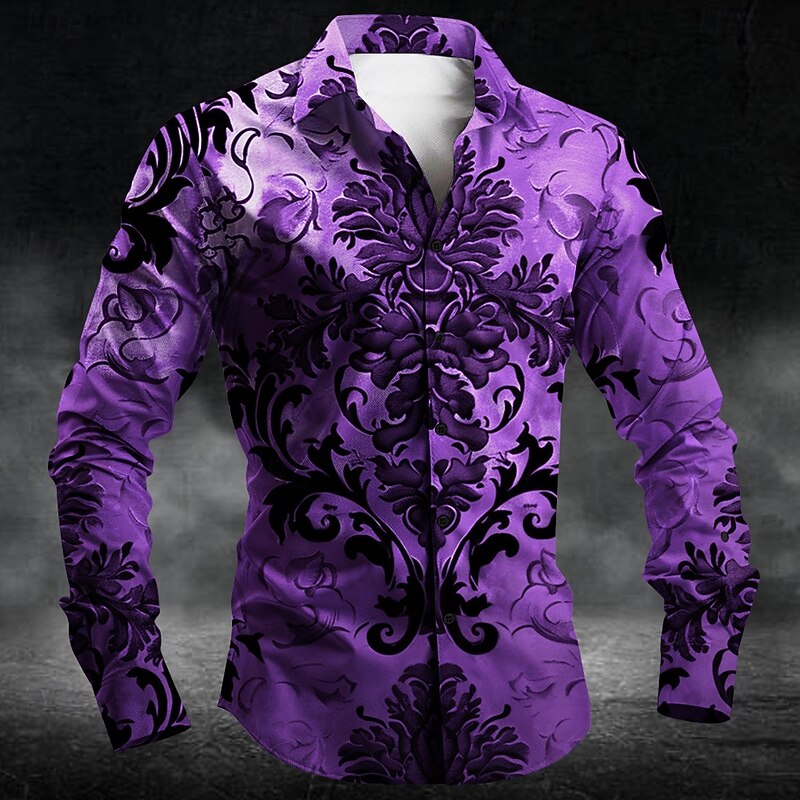Men's Baroque Halloween Costumes Day of the Dead Button Up Shirt Long Sleeve Casual Party Evening Wear Daily Fall Winter Spring & Summer Turndown Shirt Collar Button Up 3D Print Black Blue Purple4