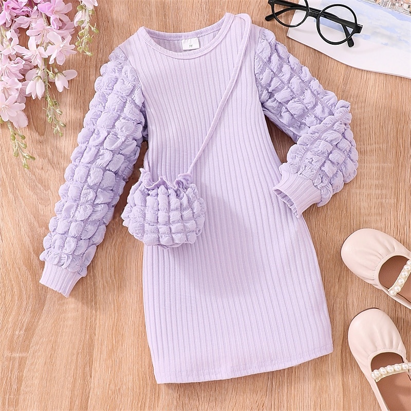 Girls' 3D Solid Color Dress Long Sleeve Spring Fall Vacation Daily Holiday Princess Beautiful Sweet Little Kids(4-7ys) 4-7 Years Casual Dress Knee-length Regular Fit
