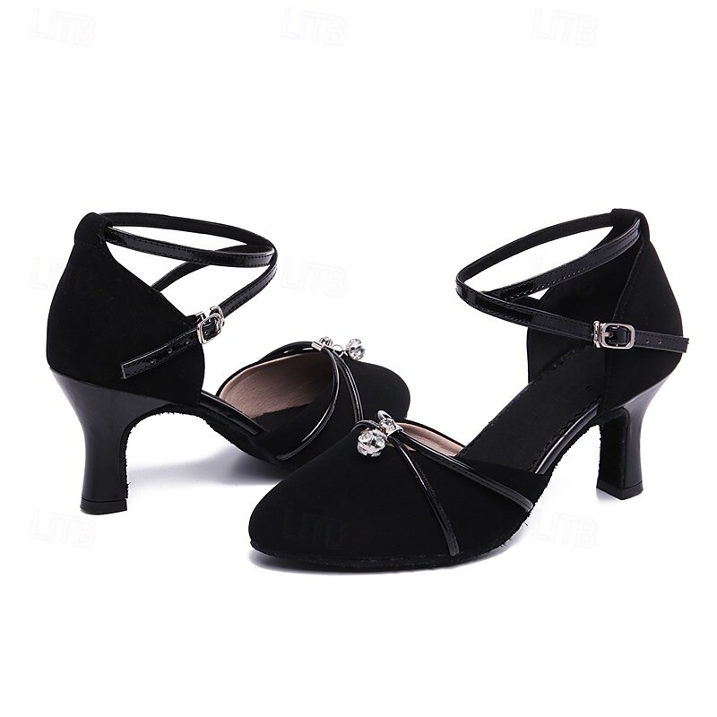 Women's Black Dance Shoes with Ankle Strap and Rhinestone Accent, Closed-Toe Ballroom Heels for Latin and Salsa Dancing2
