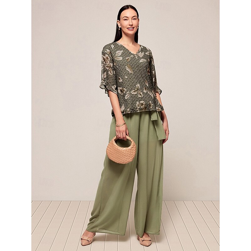 Women's Elegant Blouse Wide Leg Pants Half Sleeve V Neck Floral Bow WorkWear Daily Wear Green Summer Loose Fit3