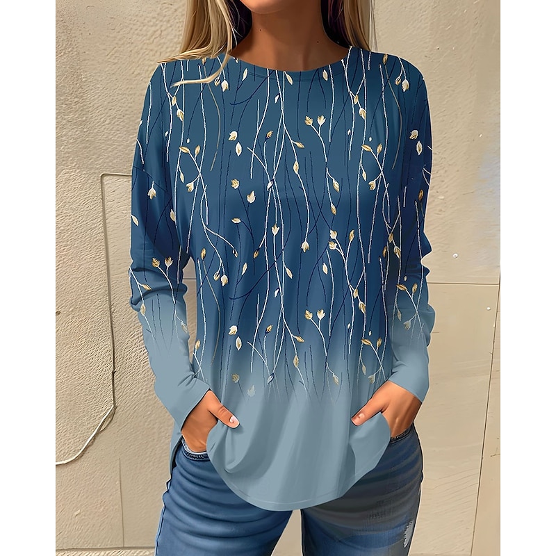 Women's T shirt Long Sleeve Basic Floral Print Long Sleeve Regular Tops Round Neck Holiday Weekend White Pink Red Navy Blue Blue Fall & Winter Prefall3