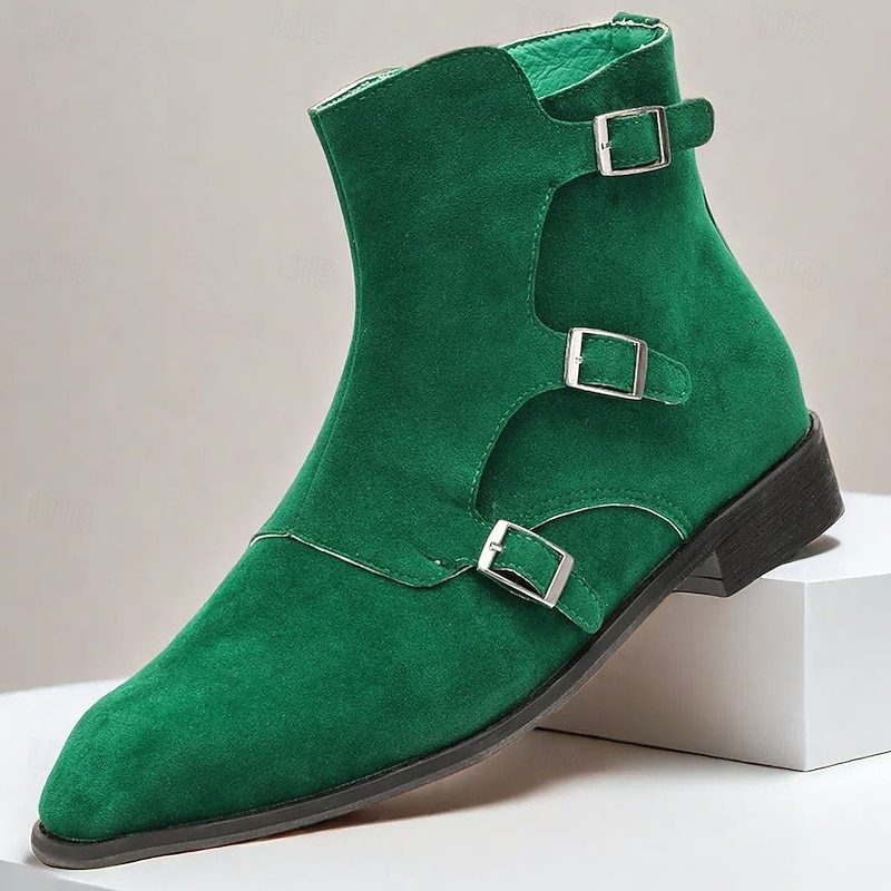 Men's Green Suede Buckle Ankle Boots - Stylish Vintage Design for Casual and Formal Wear