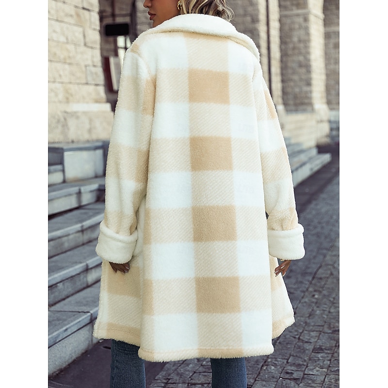 Women's Coat Warm Breathable Buttons Fashion Modern Plaid Work Casual Single Breasted Long Turndown Loose Fit Long Sleeve Outerwear White Fall Winter2