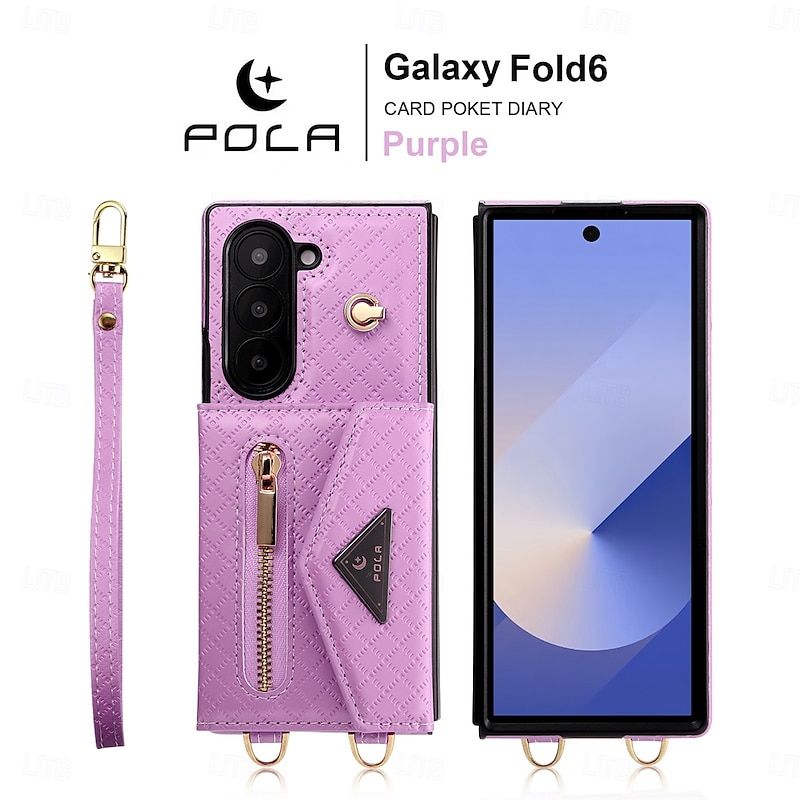 Phone Case For Samsung Galaxy Z Fold 6 Wallet Case with Stand Holder Zipper with Lanyard Retro Genuine Leather TPU3